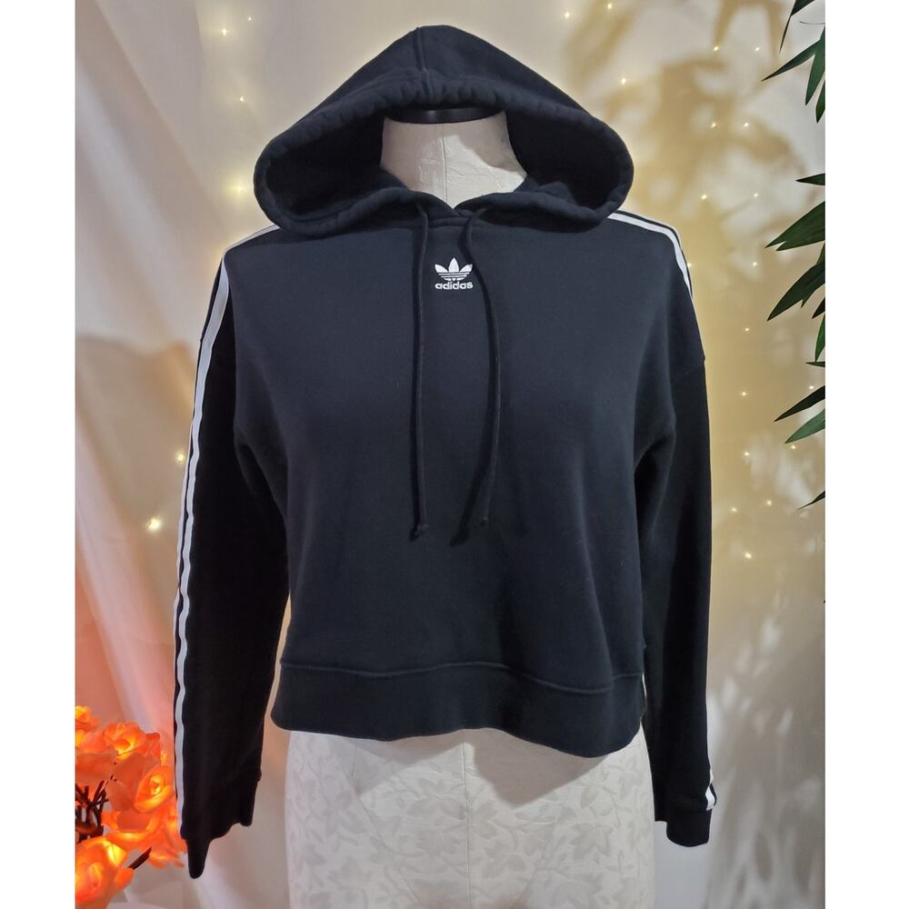 Adidas Originals Cropped Trefoil 3 Stripe Black Hooded Sweatshirt Womens Size XS